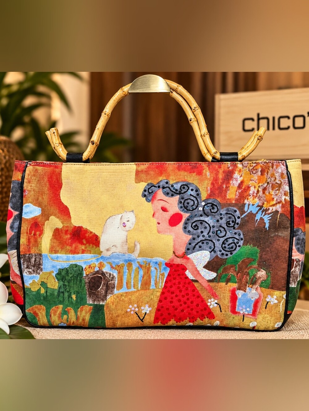 Chico'a Vintage Canvas Tote With Bamboo Handles